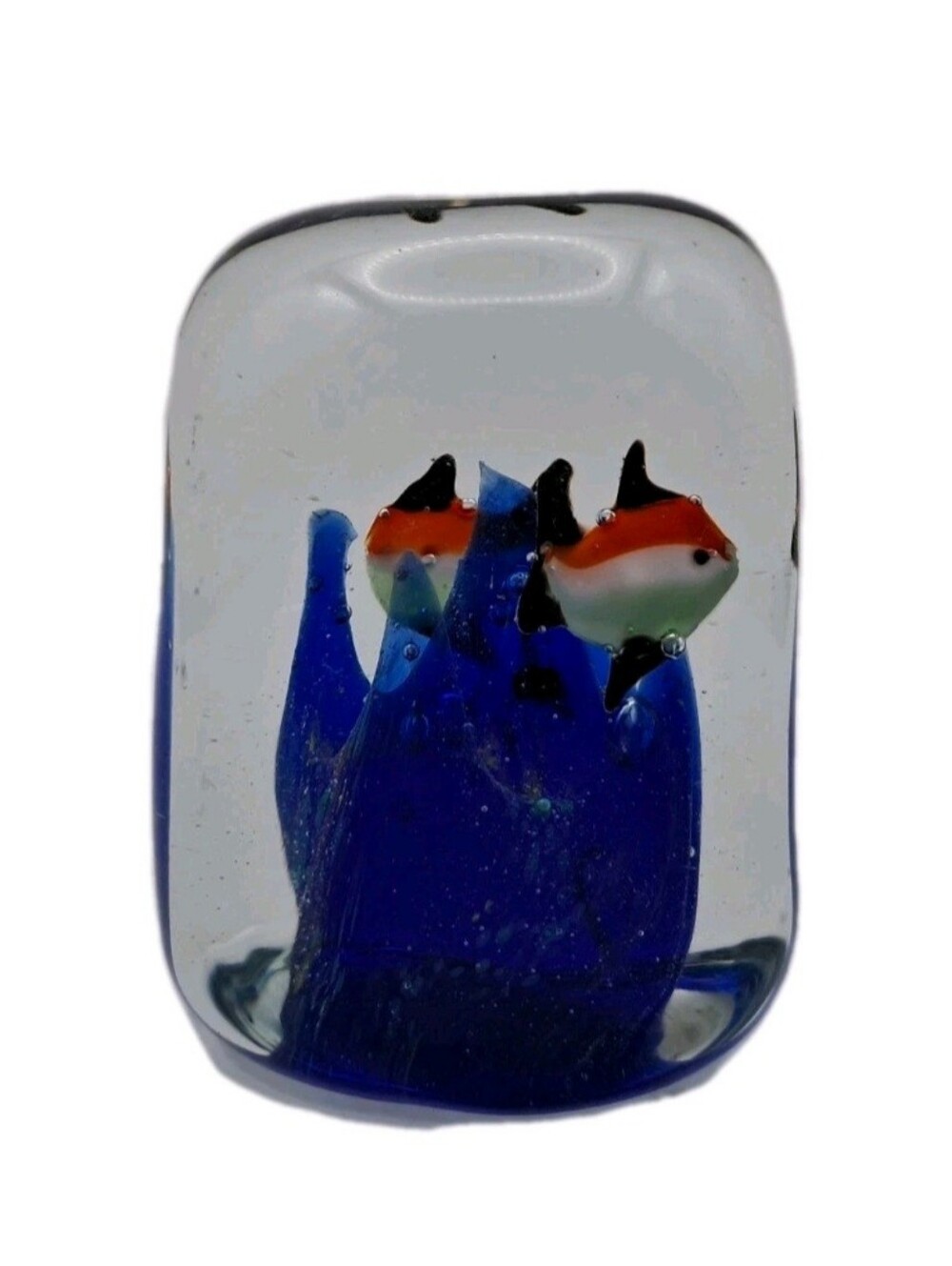 ​Murano Style Art Glass Paperweight Aquarium Cube 2 Fish Orange Blue Sea Life 2"